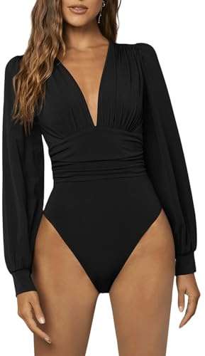 GORGLITTER Women's Ruched Lantern Long Sleeve Bodysuit Deep V Neck Solid Tops Black X-Large