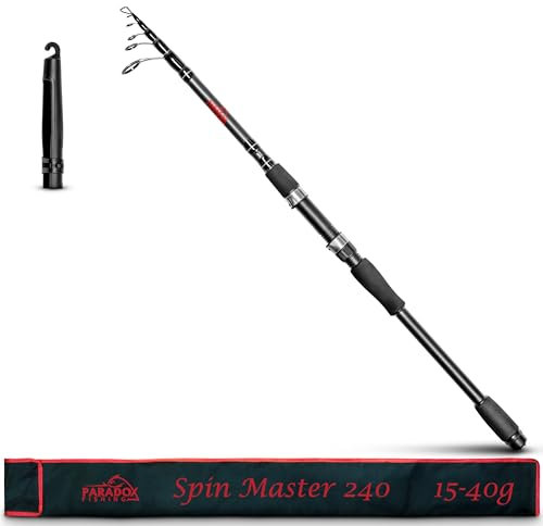 Paradox Fishing teleskop Spinnrute 2,4m Wg.15-40g – für Barsch Hecht Zander - Angel-Rute Fishing Rod Baitcast – kleines Transportmaß perfekt zum Reisen