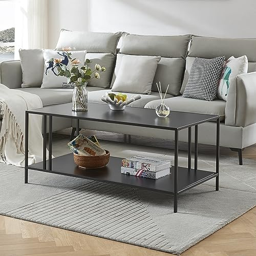[en.casa] Mesa de Centro Rectangular con 1 Estante Mesa de Café para Salón Sala de Espera Despacho Diseño Industrial Metal 47 x 110 x 55 cm - Negro