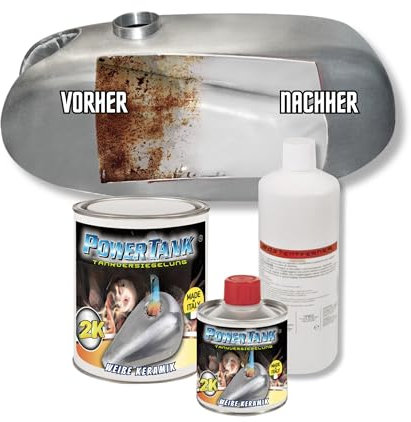 Power Tank - Tankversiegelung Motorrad 2k Weiß Keramik 700 g Set Tankentroster Innen Versiegelung Tanksanierung Rost Tank Entrosten Und Versiegeln Tankinnenlack Tankbeschichtung Rostlöser Auto Moped