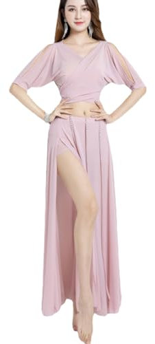 HEARTTOUCH Damen Bauchtanz Kostüm Glänzend Oberteil Bauchfrei Kurzarm Crop Top Tanzrock Tanzkostüm Belly Dance Outfit für Karneval Fasching (Rosa,M)