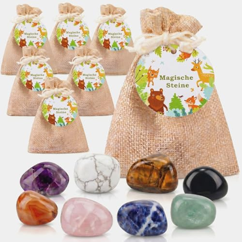 Otuuz Pietre Portafortuna per Bambini con Sacchetti di Iuta e Etichette Rotonde di Carta Portafortuna Colorate Pietre Magiche Regali per Capodanno Bomboniere(12,Animali Foresta)
