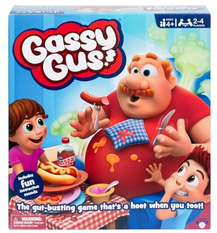 Gassy Gus, Interactive Gut-Busting Game, Feed Gus Foods, Watch Out for Big Blast! Hilarious Sounds, 2-4 Players Ages 4+, with Inflatable Belly, 54 Cards, Instruction Manual, 1 Extra Belly Balloon