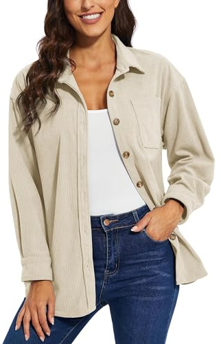 TACVASEN Women's Corduroy Shirts Casual Button Down Long Sleeve Shacket Warm Soft Shirt Jackets with Chest Pocket Button Cuff