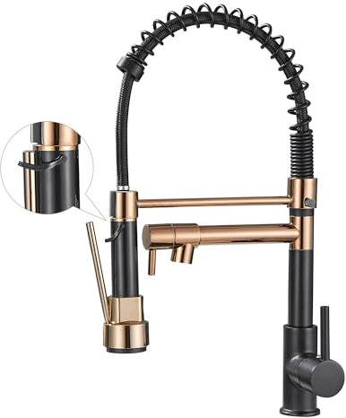 Grifo de cocina con rociador desplegable de arco alto de un solo mango para fregadero de cocina, color negro y oro rosa