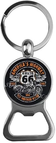 Porte-clés compatible avec Route 66 couleur argent et logo noir Gadget USA | Pendentif Anneau en Alliage de Zinc Accessoires Moto Bikers Idée Cadeau Sachet Transparent
