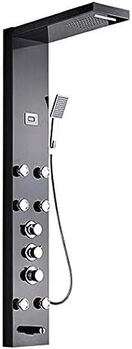 Panneau de Douche Cascade de Pluie, Jets de Massage, Colonne de Douche, mitigeur thermostatique, Robinet de Douche, Tour de Bec de Baignoire, Noir, Nickel brossé