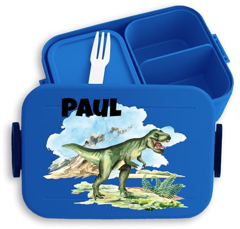 Kinder Bento Box Midi Lunchbox für Mepal Bentobox - Brotdose Dino Vesperbox Dinosaurier Jausenbox Dinos I Dinosaurus I Saurier - 900 ml - Blau - personalisierte brotdosen