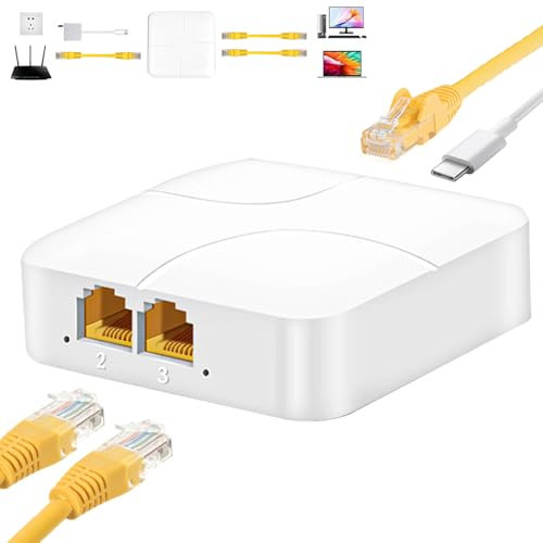 AMANKA Splitter Ethernet da 1 a 2 1000MPS RJ45 da1a 2 Gigabit Ethernet Splitter,LANcon cavo di alimentazione USB-C per computer, hub, switch,set-top box,TV e altro.