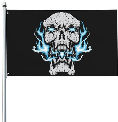 Bandiera blu con testa di teschio di fuoco, 90 x 60 cm, per casa, prato, decorazione cortile, bandierine di benvenuto con 2 occhielli in metallo, uso interno ed esterno