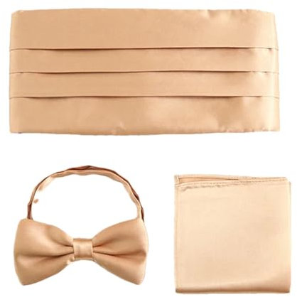 Kummerbund-Set für Herren, Einstecktuch, Fliege, Smoking, Hochzeit, breiter Gürtel, zeremonieller Gürtel, champagnerfarben / goldfarben, Einheitsgröße