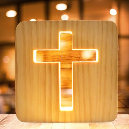 WIYETY Jesus kors nattlampa: Jesu kors religiös mininattlampa, liten bord för sovrum, LED-träsnideri, varmvitt USB-driven ljus, ljus gåva