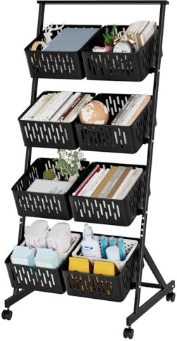 Fukursul Carrello portaoggetti da cucina di alta qualità – Cestino in rete a 4 livelli con ruote bloccabili per una facile mobilità, costruzione durevole in acciaio al carbonio uso domest