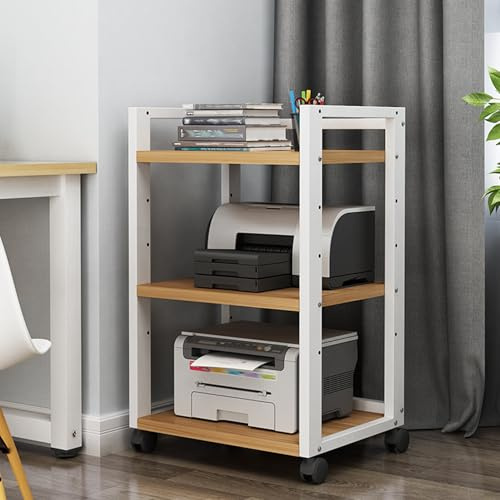 Leaceuv HiFi Rack,Audio Video Regal,AV Medienständer,Aufbewahrung aus Holz,Stereoschrank,3-stufiges Eckregal mit Rollen,Spieleregale,DVD-Regale,Plattenspielerständer für Wohnzimmer(White+Light Board)