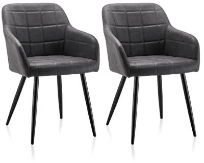 ZBAOLTO Esszimmerstühle 2er Set Kunstleder, Grid-Design-Armlehnstuhl Küchenstuhl Polsterstuhl Wohnzimmerstuhl mit Armlehnen Rückenlehne Metallbeine, für Esszimmer Wohnzimmer Küche, Dunkelgrau