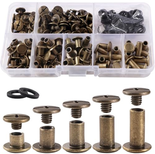 YIXISI 80 Set M5 x 4/6/8/10/12 mm Chicago Vis Assortiment Kit, 5 Tailles Kit de Rivets pour Cuir Cruciforme, pour DIY, Décoration de Cuir, Réparation de Reliure, Bronze
