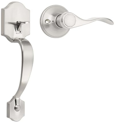 Probrico Satin Nickel Front Door Handle Entry Handleset, Exterior Door Handle with Wave Lever; Keyless Door Handles, Entrance Door Handle with Reversible Handed Lever,1Pack