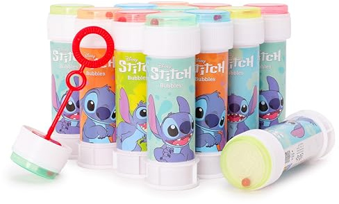 Toyland® Pack de 12 Stitch Botes de Burbujas con Varitas, Solución de 60ml y Tapa de Laberinto Novedosa - Juguetes para bolsitas de Fiesta y Dinero de Bolsillo