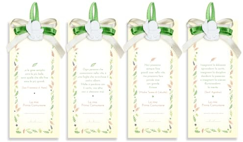 Kit4 Bomboniere Segnalibro Segnaposto cartoncino cm 7,5x10 con 4 frasi personalizzabili con il nome del festeggiato e la data dell' evento fiocco e raso per appendere Calice Gesso Prima Comunione