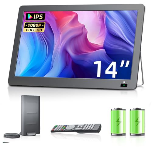 DESOBRY 14.3 Zoll Tragbarer Fernseher, 1080P wiederaufladbare mini TV mit Antenne und DVB-T2-Tuner, Outdoor-TV-Unterstützung HDMI/USB/AV-Eingang, 12v TV für Wohnmobil/Camping