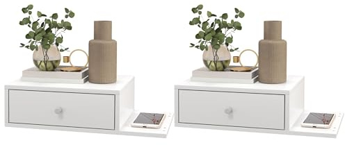 HOMCOM Lot de 2 Tables de Chevet murales, Lot de 2 Tables de Nuit, avec tiroir et étagère latérale, en Bois, 55 x 30 x 15 cm, Blanc