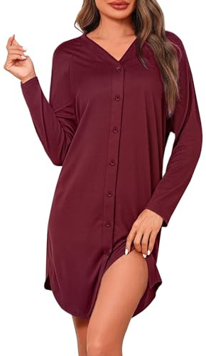 Crewhpo Camisones de Mujer Manga Larga Invierno Algodón Camisón Cuello en V Ropa de Dormir con Botones Tallas Grandes Vestidos Cómodo y Holgado