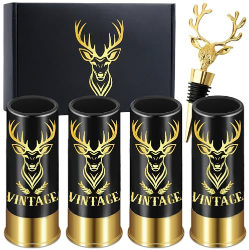 Schnapsgläser mit Hirschkopf, Jäger Geschenke Enthält 4 Vintage Spirituosen & 1 Schöne Hirschkopf Flaschenstecker, Geschenke für Jäger Männer, Kleine Schnapsbecher mit Geschenkbox Heimdekoration