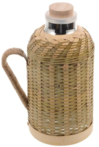 Angoily Bottiglia Termica 1,3l in Vetro Rivestimento in Bambù Intrecciato, Bollitore Caldo Fatto a Mano Manico Staccabile, Tazza D'acqua Calda per Uso Domestico e Ufficio, Isolamento