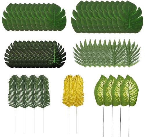 Hojas Decorativas Artificiales, Paquete de 50 Hojas de Palma Artificiales y Hojas de Monstera Decorativas, Plantas Tropicales Decorativas para Fiestas en la Playa Hawaianas (Verde y Dorado)