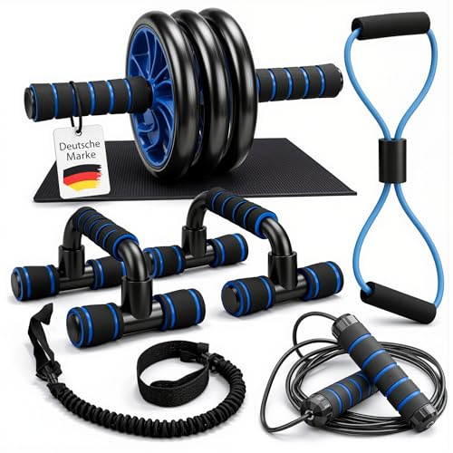 Set fitness 7 in 1 AB Wheel, maniglie push-up, corda per saltare, fascia di resistenza, passanti per piedi, allenamento addominale per la casa, attrezzatura sportiva per la casa e la palestra