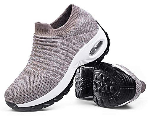 Slow Man Women's Slip on Walking Shoes - Comfortable Loafers Casual Non-Slip Nursing Shoes Fashion Sneakers Platform Khaki,8