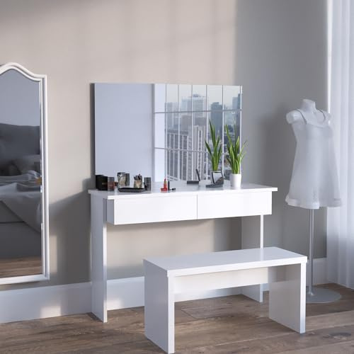 Vicco Schminktisch Azur, Weiß, 120 cm, Zwei leichtgängige Schubladen – Paletten, Pinsel & Schmuck sofort Sortiert
