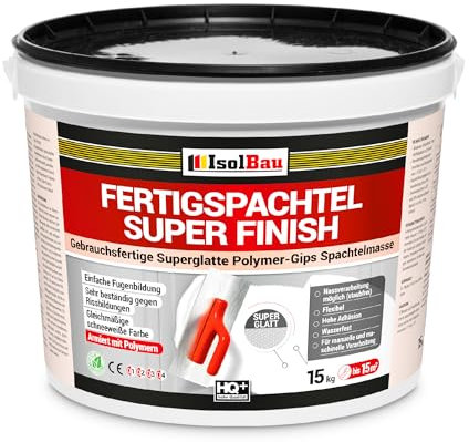 Isolbau Super Finish Spachtel 10 kg, Glättspachtel Fugenspachtel, Gebrauchsfertige Polymer-Gips Fertigspachtel Spachtelmasse für innen, Weiß Q1-Q6