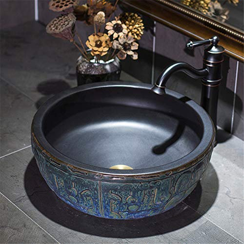 FLYFO Rétro Vasque à Poser Chinois Fait Main Céramique Lavabo Rond Salle De Bains Lavage Évier Classique Salle De Bains Équipement
