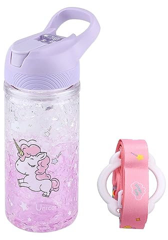 Einhorn Trinkflasche,Geschenk für Mädchen Geburtstagsgeschenk,Tasse mit Stroh und Sicherheit Sperren,Rosa Kinder Wasserflasche Bastelset Draussen Innen, 400ml zum Schulkinder Einhorn Liebhaber