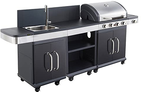 Cook’in Garden - Cuisine Extérieure Modulable FIDGI 4, Barbecue au Gaz, 4 Brûleurs avec Thermomètre, Meuble d’Appoint Desserte et Évier, Structure Métal, Noir