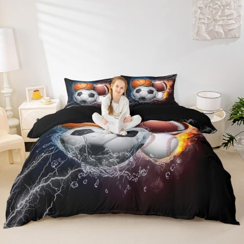 Erosebridal Sports Bedding Sets Boys Full Size,Baseball Soccer Duvet Cover Kids Teens Basketball Football Comforter Cover Ball Games Quilt Cover,Fire Ice Trippy Lightening Decor 3Pcs Soft Luxury