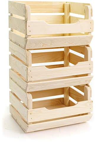Holzfee Kartoffelkiste TRIO-Set Holz massiv Stapelkiste Obst Gemüse-Kartoffeln | Kiefer naturbelassen