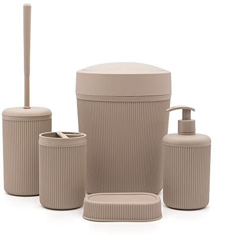 Set bagno accessori completo – 5 pezzi, kit accessori appoggio colorato tortora, include dispenser, portaspazzolini, portasapone, scopino wc e pattumiera 4,2 lt, linea Ring