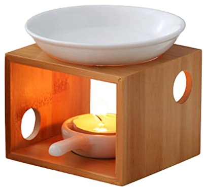 Kisbeibi Brûleur huile essentielle en bois, chauffe-cire parfumée en céramique avec bougeoir, diffuseur, chauffe-huile pour yoga, spa, maison