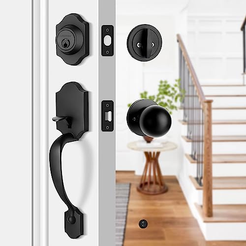 LOQRON Heavy Duty Front Door Handle Set Matte Black Entrance Handle Classic Front Door Set Single Cylinder Deadbolt and Knob, Half Grip Round Knob Reversible for Right & Left Handed Doors