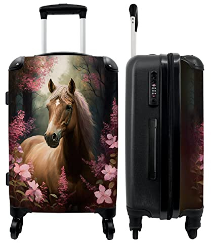 NoBoringSuitcases.com® Kinderkoffer Mädchen Hartschalenkoffer Groß Trolley Gepäck Koffer Pferd - Rosa Blumen - Natur - Wald - 67x43x25cm