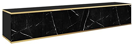 Hängendes TV Schrank - Modernes Design mit Push-to-Open-Funktion. Farbe: Schwarz/Marmor Black Royal , D: L: 175 cm, H: 30 cm, T: 32 cm. TV Lowboard, TV Board, TV Sideboard Hängend, Wandschrank hängend