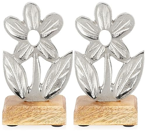com-four® 2X Soportes de Flores Decorativas - Flor de Metal Premium sobre una Base de Madera - Flor Decorativa de Metal para Colocar y Regalar (2 Piezas - Flor 4)