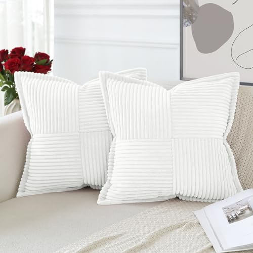 Artscope 2er Set Kordsamt Kissenbezüge Samtkissen Weich Dekokissen Dekorativ Kissenbezug Modern Kissenhülle Umwickelte Kante Sofakissen für Wohnzimmer Schlafzimmer Reines Weiß, 40x40cm
