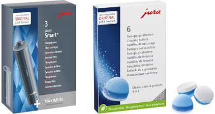 JURA original - CLARIS Smart+ Filterpatrone mit automatischer Filtererkennung (3er-Pack – 24233) + 3-Phasen-Reinigungstabletten (6 Stück – 24225) - TÜV-zertifizierte Hygiene
