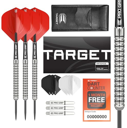 Target Darts Artemis 21G/22G/23G/24G/25G/26G Wolfram-Stahlspitzen-Darts-Set – 6 Pro-Grip-Schaft – 9 Pro-Ultra-Flügel – Dart-Geldbörse – Dart-Counter-App-Gutscheinpaket