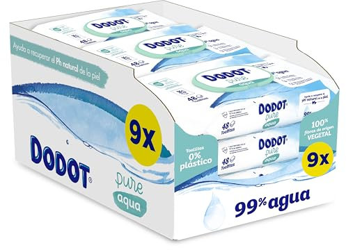 Dodot Toallitas Pure Aqua Para Bebé, 432 Toallitas (9 Packs de 48 Unidades) , Ayuda A Restaurar El PH Natural De La Piel, 99% Agua, Sin plástico