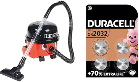 Casdon Henry & Hetty Toys - Henry Vacuum Cleaner - Red Vacuum Cleaning Toy with Real Function & DURACELL 2032 Lithium Coin Batteries 3V (4 Pack) - Up to 70% Extra Life - Baby Secure Technology