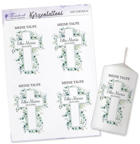 FEENSTAUB Kerzen Tattoos für die Taufe - Personalisierte Aufkleber für Kerzen, Kreuzsymbol Kerze, Eukalyptus Duft, Gestalten Sie Ihre eigene Taufkerze mit Taufsymbolen